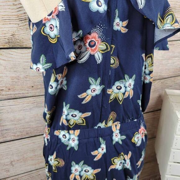 LOFT Short Romper Womens Size XS Navy‎ Blue Floral Ruffle Sleeveless Scoop Neck - Picture 6 of 8